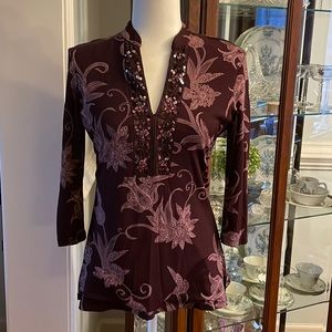 INC International Concepts M Burgundy & Mauve Tunic Top w/ embroidery & sequins